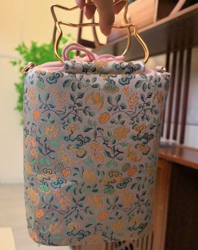 Blossom‑Vine Wood‑Element Square Bucket Handbag