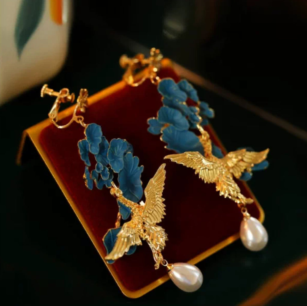 Wearable Art – Cloisonné Crane Clip‑On Earrings 🕊️