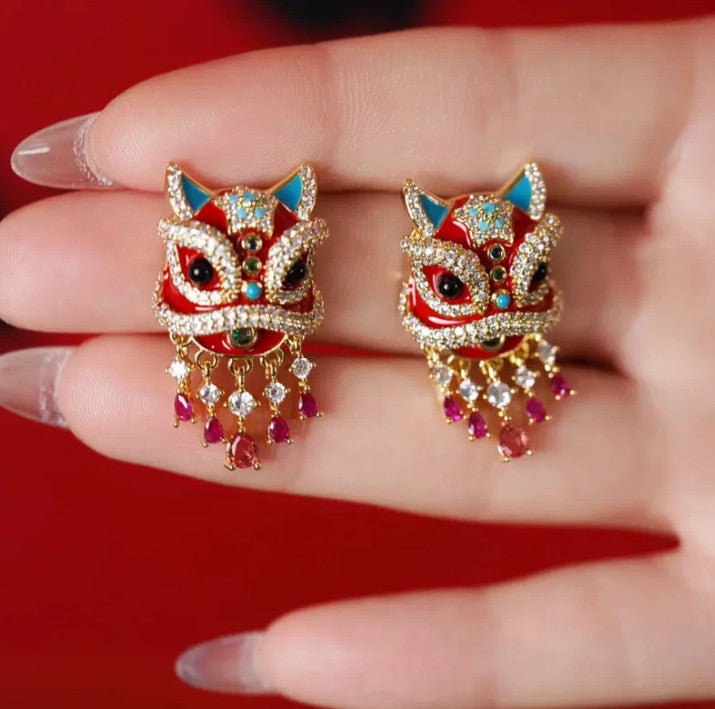 Wear the Celebration – Red Lion Dance Tassel Clip‑On Earrings 🦁